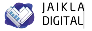 The logo for the website of Jaikla Digital Co., Ltd. is designed with a blue and purple background shaped like a speech bubble in a cartoon with a large white heart on top. The background is a heart with a diagram pattern. Digital electrical systems and statistical layouts are the meaning of using digital systems and gathering experiences from working in the media industry into the concept of service.